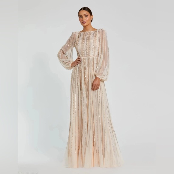 Mac Duggal Dresses & Skirts - MAC DUGGAL
Pink Boat Neck Long Sleeve Gown With Striped Beading